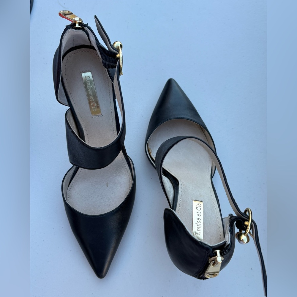 Black Pointed Toe Heels with Gold Accents